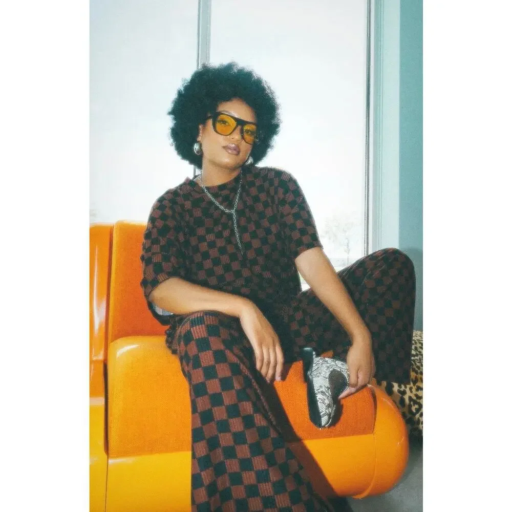 Dressed In LALA Lex Ribbed Playsuit Mocha Brown Black Checkered Set Pants Medium - Picture 3 of 12